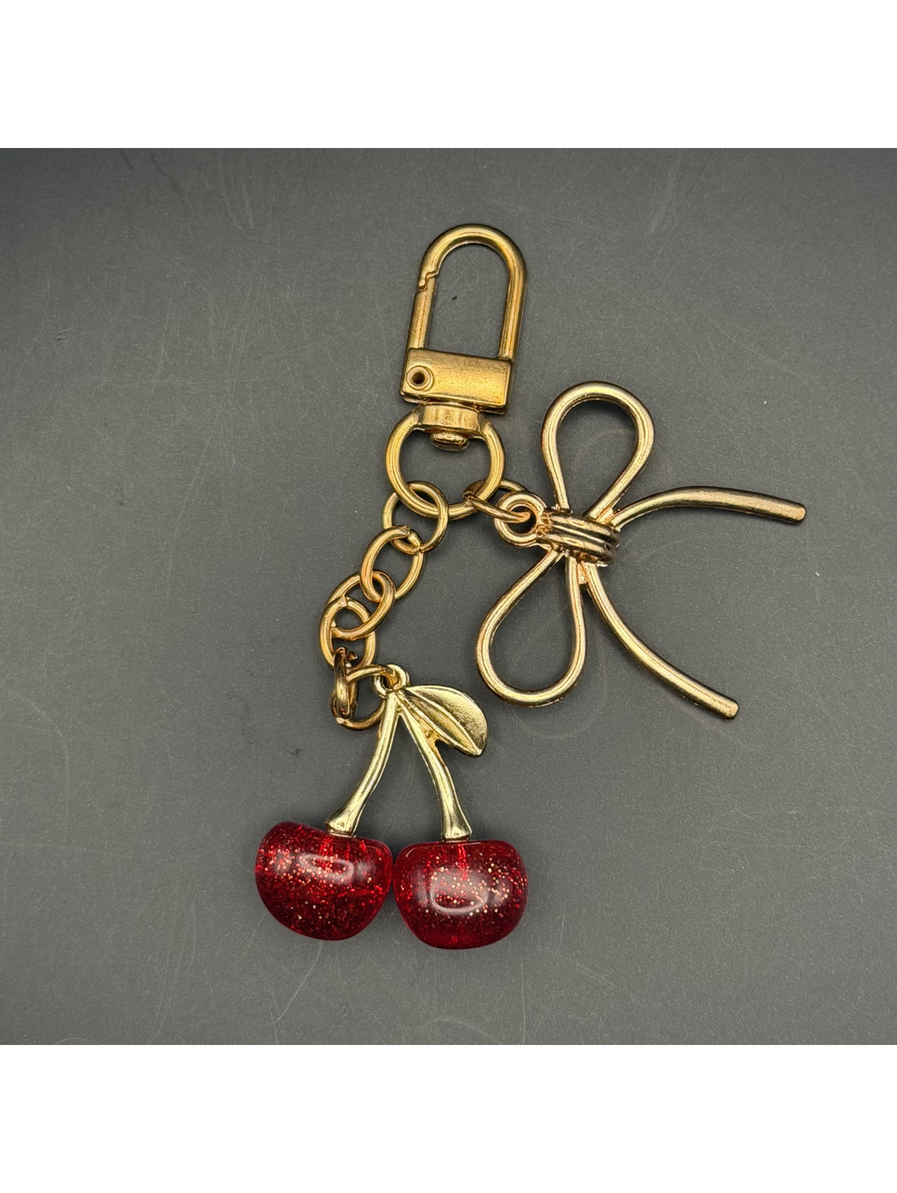 Gold Tone Glitter Cherry Bow Keychain